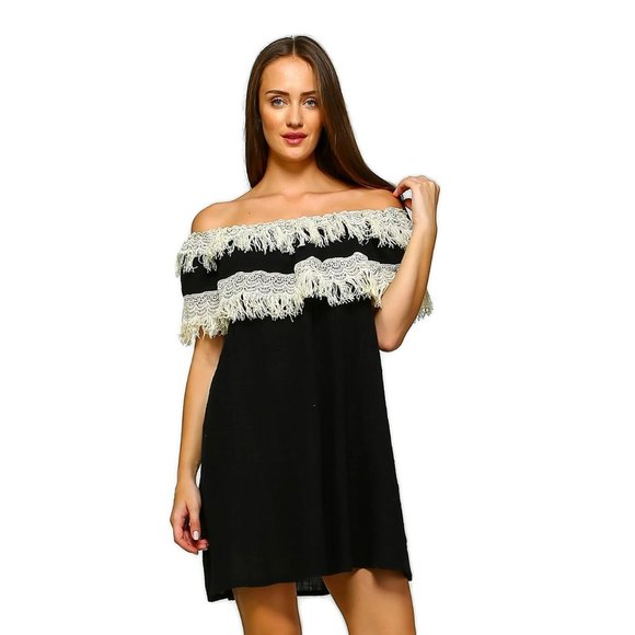 vELZERA Off the Shoulder Fringe Dress, Black - Picture 2 of 4